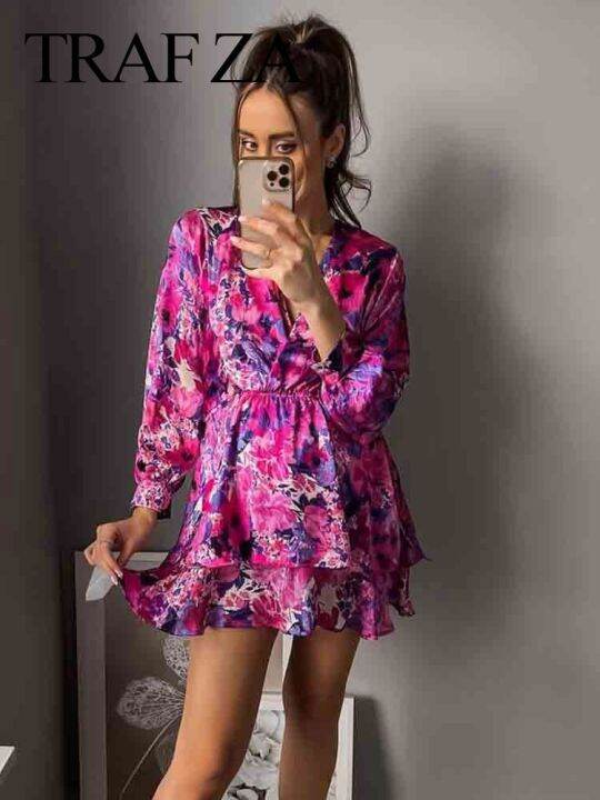 trafza-women-floral-print-pleated-mini-dress-long-sleeve-v-neck-ruffles-ruched-dresses-2023-summer-women-elegant-party-dress