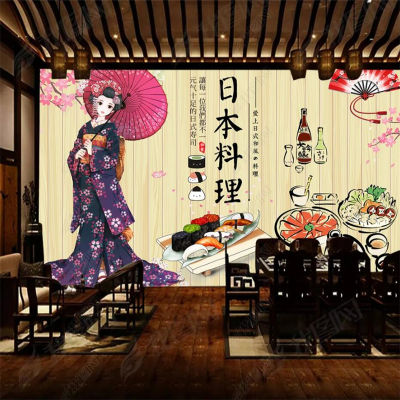 แผ่นไม้วอลเปเปอร์ญี่ปุ่นอาหารญี่ปุ่นลายดอกเชอรี่บานวอลเปเปอร์ญี่ปุ่นจิตกรรมฝาผนัง3d มิติกระดาษผนังร้านซูชิอุตสาหกรรมการตกแต่งด้วยตนเอง