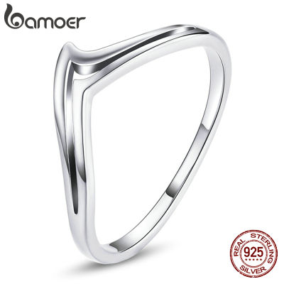 bamoer Stylish Simple V 925 Sterling Silver bone Ring for Women Wedding Statement Jewelry Anillo Finger Ring SCR739