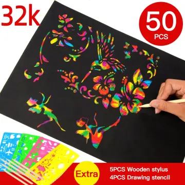 RMJOY Scratch Rainbow Art Paper Set - 50pcs Magic Scratch Off Art Craft Supplies Kits for Kids Girls Boys Black Scratch Notes Sheet Doodle Pad for Fun