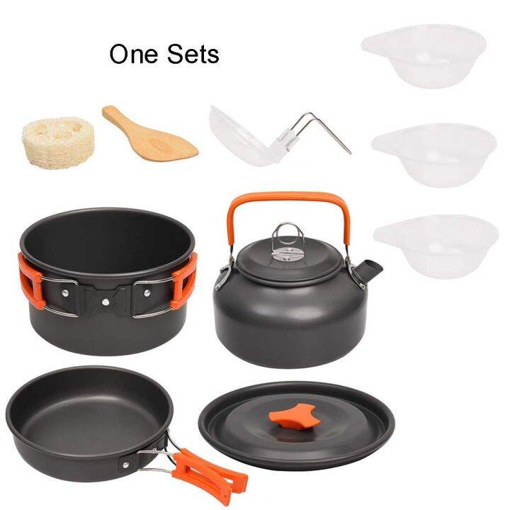 ตั้งแคมป์ชุดเครื่องครัวอลูมิเนียมแบบพกพากลางแจ้งบนโต๊ะอาหาร-cookset-ชุดทำอาหารแพนชามกาต้มน้ำหม้อเดินป่าบาร์บีคิวปิกนิก