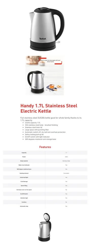 Tefal KI800 1.7L Handy Kettle - Stainless Steel