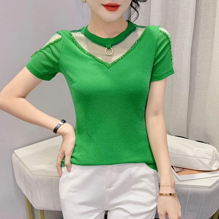 yimei-korean-fashion-beaded-t-shirt-for-women-2023-summer-new-sexy-mesh-top-for-women-thin-foreign-slim-fitting-womens-t-shirt