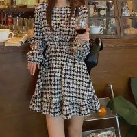 ผู้หญิง Retro แขนยาวแฟชั่นลายสก๊อตพิมพ์พัฟแขนกระโปรงหวานรอบคอ Pullover Ruffled Dress