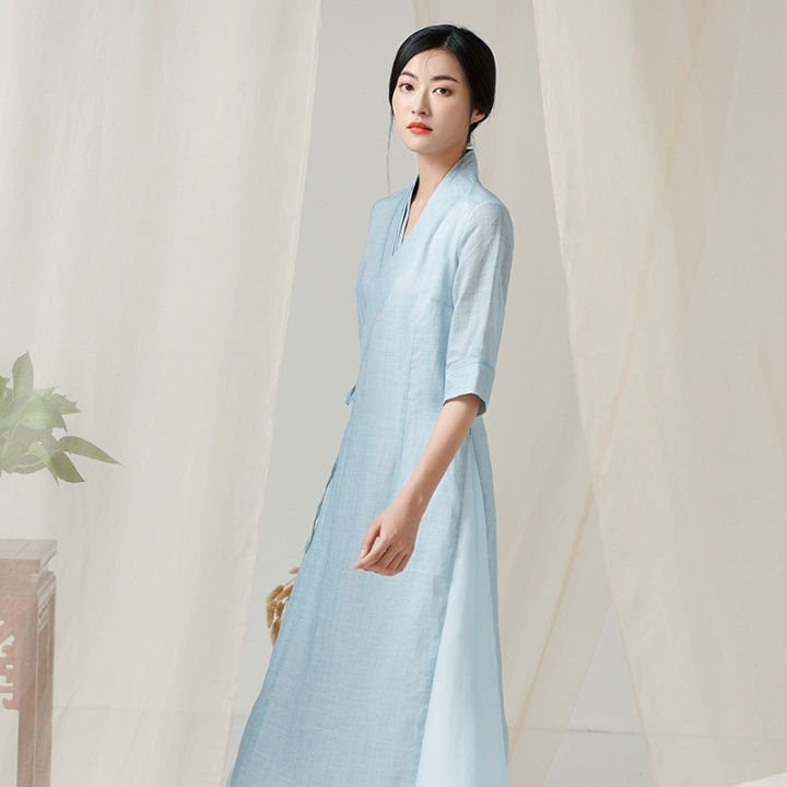 qingshuzhai-สไตล์จีน-hanfu-ปรับปรุงรุ่นชุดหญิงจีน-ramie-ผู้หญิง-retro-zen-tea-suit