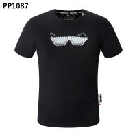 เสื้อคุณภาพสูงแขนสั้นผ้าคอตตอนพิมพ์ลายเสื้อยืดแขนสั้น Philipp Plein สำหรับผู้ชาย