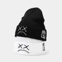 【YD】 Beanie Knitted Hat hip-hop style  Embroidered hat with sad Expression Warm Woolen for men and women