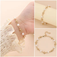 พร้อมส่ง?สร้อยข้อมือสีทองตกแต่งดอกไม้และมุก BL018