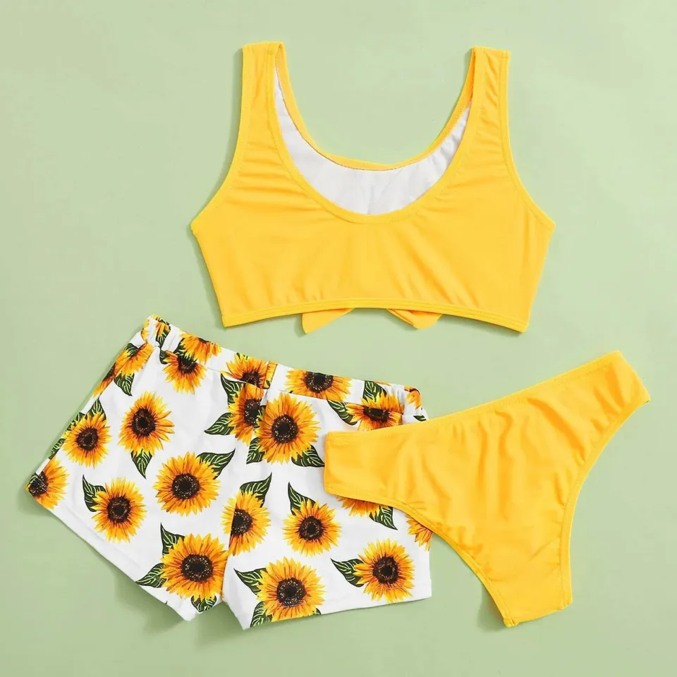 Sunflower Girls' Print Three-Piece Cute Swimsuit Floral Crisscross