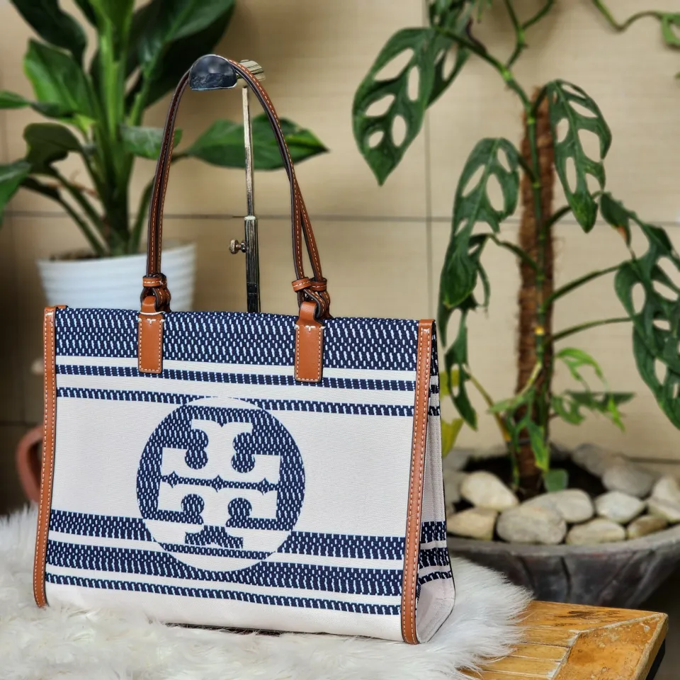 Stripe Leather Tote Bag - Navy