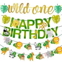 Jungle Birthday Party Decor Animal Bunting Banner Garland Safari Wild One 1 Year Baby Happy Birthday Decoration Party Supplies Banners Streamers Confe