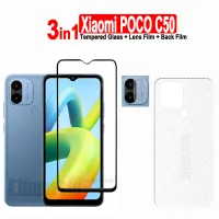 3in1สำหรับ Xiaomi POCO C50ฟิล์มกระจกเทมเปอร์และ Xiaomi C51 POCO C55/ F3 F4 X3 NFC X4 GT / F5 X5 M4 M3 M5 Pro 5G ปกป้องหน้าจอ C40 M5S + ฟิล์มเลนส์กล้อง + ฟิล์มด้านหลังคาร์บอนไฟเบอร์