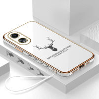 เคสโทรศัพท์เซลล์สำหรับ A58 OPPO ฟรีสายคล้อง4G + รูปการ์ตูน ELK Deer ที่ใช้ตกแต่งภายนอกเรนเดียร์ขอบสี่เหลี่ยมเคสโทรศัพท์ชุบหรูหราชุบเคสโทรศัพท์นิ่ม