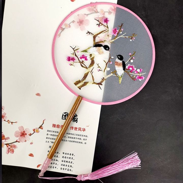 Chinese Vintage Paper Fans Handheld Wooden Handle Art Flower