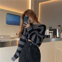 Hong Kong style retro wear short coat high waist western style striped sweater women spring, autumn and winter hedging laziness