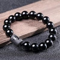 DIEZI Yoga Jewelry 10MM Natural Black Obsidian Carved Buddha Lucky Amulet Round Beads Strand Bracelet For Women Men Jewelry