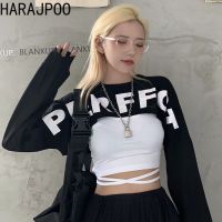 Harajpoo Women T-Shirt  Spring Autumn Korean Ins Ladies Letter Print Slim Navel Black Long Sleeve Top Camisole Two-Piece Set