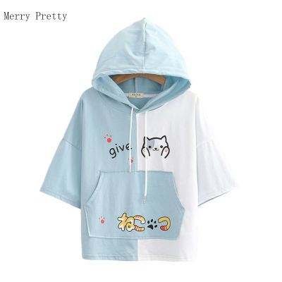 Cartoon Cat Print Patchwork Hooded T Shirs With Pocket Women Harajuku T-Shirt 2021 Summer Short Sleeve Ladies Korean Cotton Top