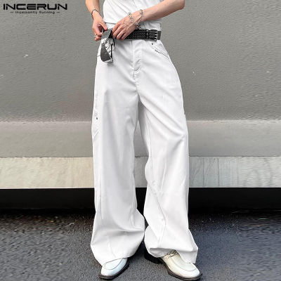 INCERUN กางเกงบุรุษขาตรงมีซิป,สไตล์ตามท้องถนนหลวมชุดหลวม (สไตล์เกาหลี)