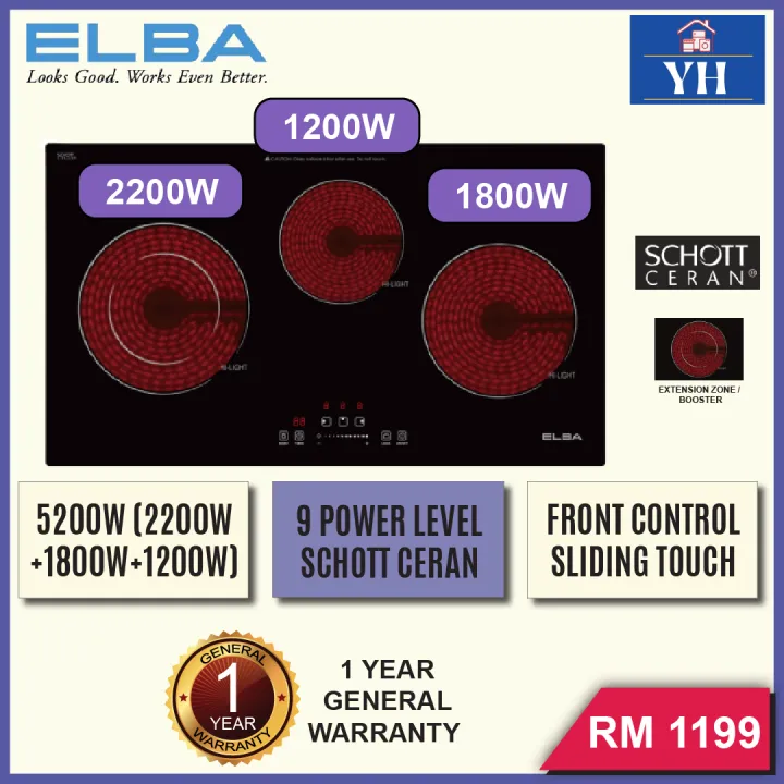 Elba 5200W 3 Cooking Zone Schott Ceran Glass Builtin Ceramic Hob
