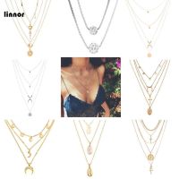 Creative Retro Gold Alloy Necklace Lock Seal Wafer Multi-layer Necklace Accessories Female