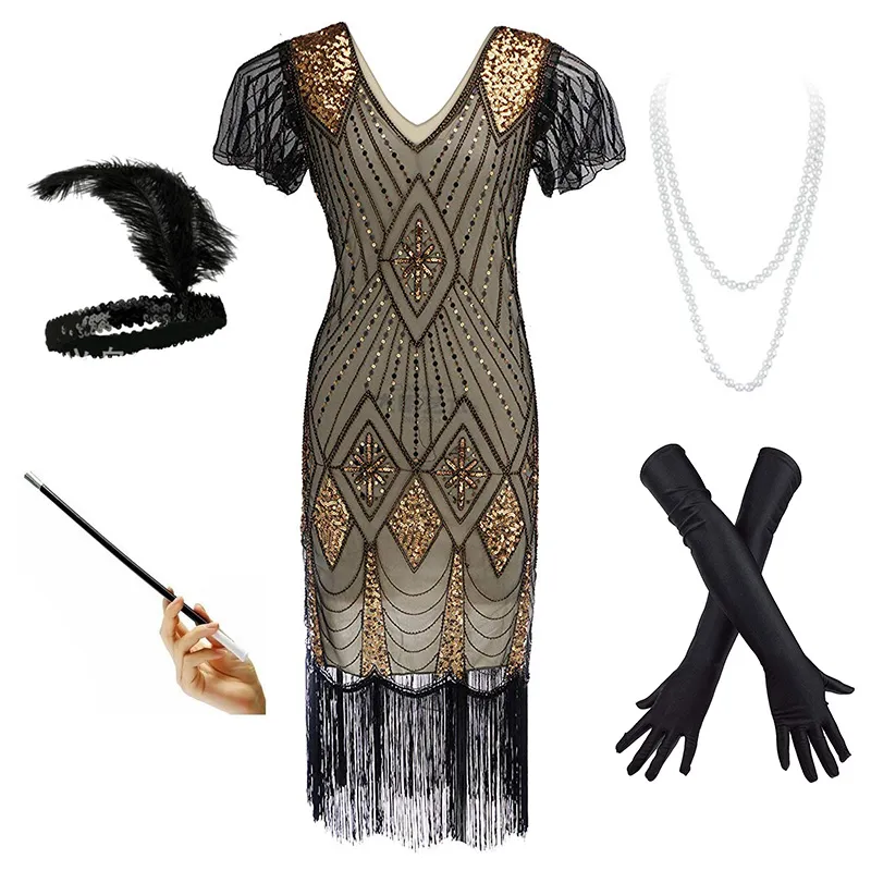 Women 1920s Great Gatsby Sequin Fringe Flapper Dress Costume Accessories  Set with Sleeve