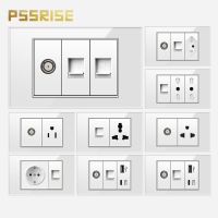 PSSRISE Brazil Thai UN US Computer TEL TV Socket with 5V 2.1A USB Type-c Charger Tempered Glass Panel Wall Power Outlet 118*74mm Electrical Circuitry