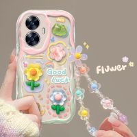 เคส Realme C55 โทรศัพท์สำหรับครีมลายดอกไม้โชคเคสโทรศัพท์สร้อยข้อมือซิลิโคน