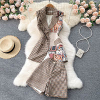 B576 Autumn 2021 New Fashion Womens Western Suit Collar Sleeveless Vest Jacket Wide Leg Shorts Two-piece Sets