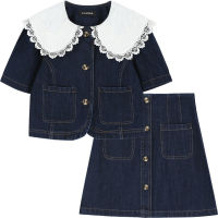 [2 Pieces] (NEW Ready Stock)  Denim Suit Women New Korean Style Doll Collar Lace Top + Nipped Waist Versatile Skirt Two Piece Set Baju Perempuan