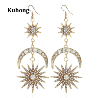 Kuhong Greek Sun Moon Star Crystal Dangle Big Earrings Gold Silver Color Exaggeration Female Earrings