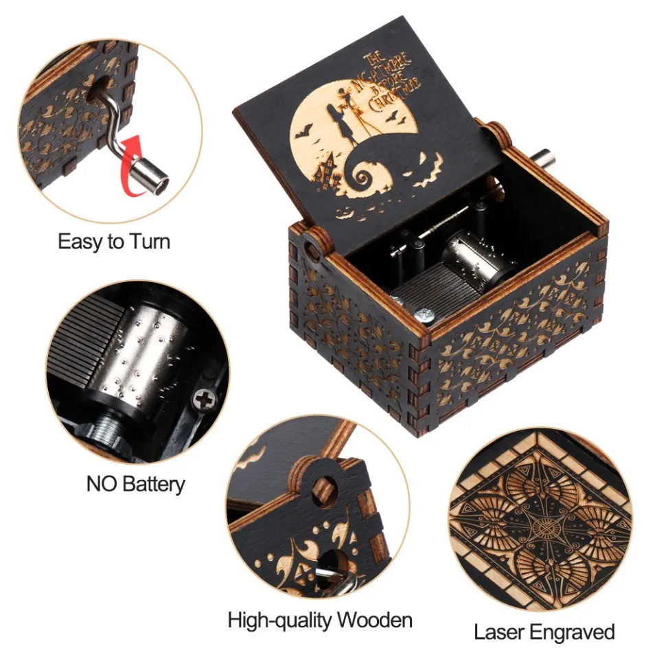 Nightmare Before Christmas Engraved Wooden Music Box Hand Crank Musical  Boxes