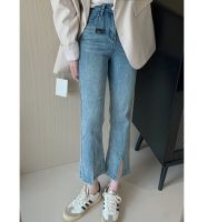 Hot sale 2023High quality new style Asistudios Korean version retro high waist fashion front slit thin cropped jeans flared pants spring summer