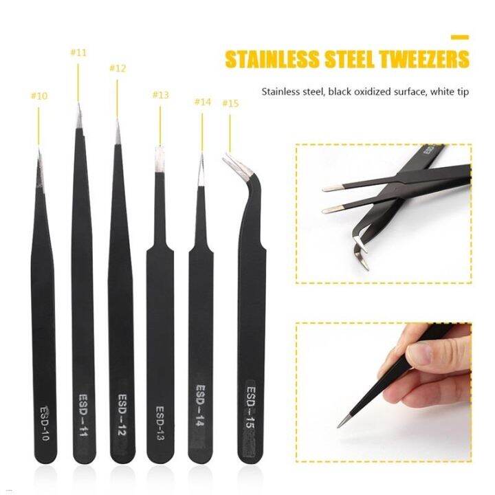 6pcs-set-esd-curved-fine-tip-anti-static-tweezers-set-stainless-steel-multifunction-tweezer-repairing-hand-tools-for-card-making