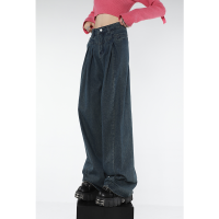 【CW】Vintage Blue Women S Jeans American Streetwear Y2K Straight High Waisted Pants Female Sense Of Design Wide Leg Denim Trouser