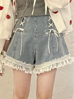 【hot】 Denim Shorts Patchwork Bow Waist Short Pants Wide Leg