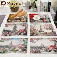 ✠■✧ French Street Scene Flower Oil Painting Placemat Linen Dining Table Mats Coaster Pad Bowl Coffee Cup Mat Tablecloth 42x32CM