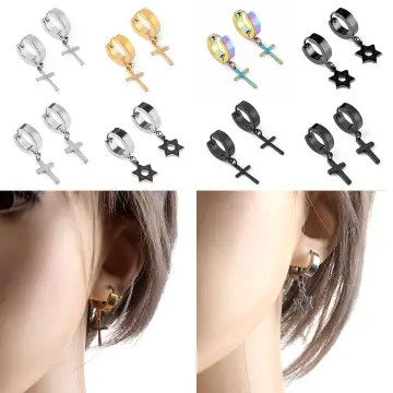 1Pc Punk Hip Hop Metal Chain Ear Cuff Creative Cross Tassel Men Earring  Jewelry Accessories 