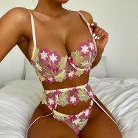 3pcs Exotic Set Women Sexy Lingerie Underwear Colorful Floral Sheer Lace Bra+ Garter Belt+Gstring Thong Erotic Hot Intimates