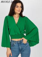 Flare Sleeve Crop Top ผู้หญิง2023ฤดูร้อน Reched เอว V คอหญิงเสื้อแฟชั่นซาติน Slim Casual Lady Tops