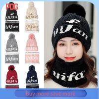 PDG บวกกำมะหยี่ ชุดผ้าพันคอ beanies ตุ๊กตาผ้าพลัฌ หนาขึ้น หมวกถักพร้อมผ้าพันคอ เก็บความอบอุ่น กันลม ชุดผ้าพันคอหมวก ของผู้หญิง