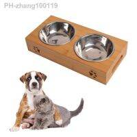 Cat Dog Pet Stainless Steel/Ceramic Feeding And Drinking Bowls Combination With Bamboo Frame For Dogs Cats