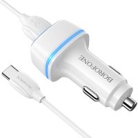 AutoAccessories Borofone BZ14 12W Dual USB Ports Car Charger with Ambient Light + 1m USB to USB-C / Type-C Data Cable Set(White)