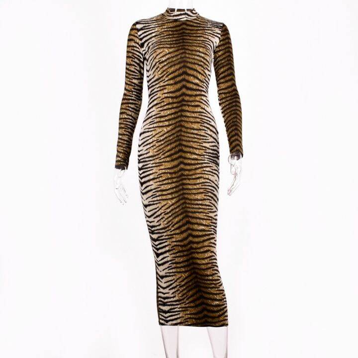 female-spring-restoring-ancient-ways-the-new-printed-long-sleeved-dress-tight-package-hip-skirt-tiger-stripes-leopard-print-dress