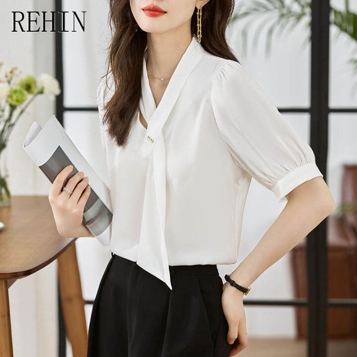 rehin-เสื้อแฟชั่นสไตล์เกาหลีแบบใหม่คอวีสำหรับผู้หญิง-สีทึบลำลองคอวีผูกโบว์ใส่ได้หลายโอกาสเสื้อเชิ้ตแขนสั้น