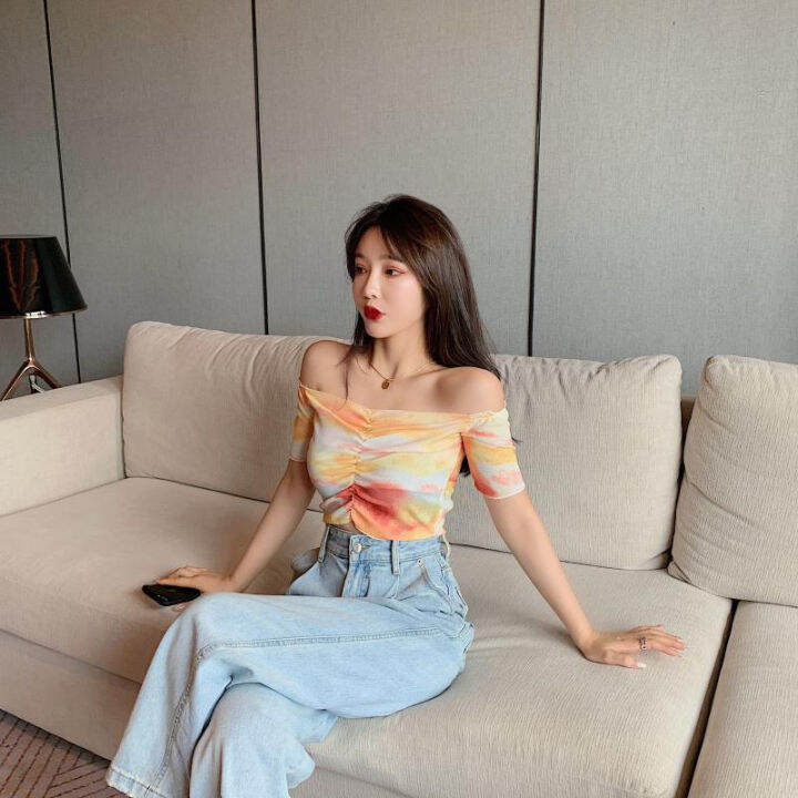ฤดูร้อนเวอร์ชั่นเกาหลีของhyunaสไตล์เซ็กซี่หนึ่งไหล่แขนสั้นเสื้อยืดผู้หญิงใหม่สั้นตัดเชือกด้านบน
