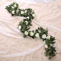 Silk Artificial Rose Vine Hanging Flowers for Wall Christmas Rattan Fake Plants Leaves Garland Romantic Wedding Home Decoration Nails Screws Fasteners