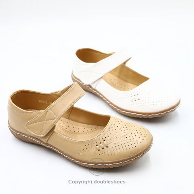 Leepop [MQ272] รองเท้าคัชชูสายคาด รองเท้าออกงาน รองเท้าทำงาน ส้นเตี้ย ลายฉลุ ลูกไม้  (สีขาว/ ครีม) ไซส์ 36-41