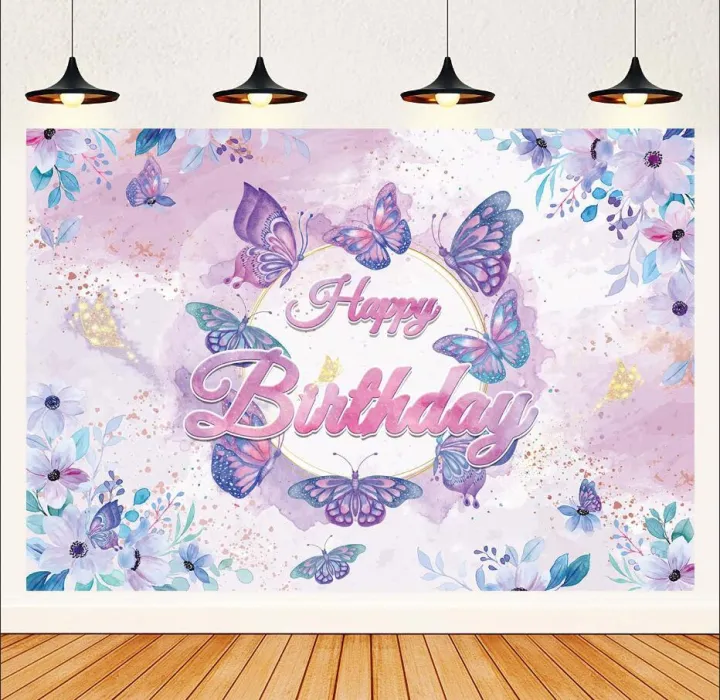 Butterfly Happy Birthday Backdrop Purple Pink Floral Butterfly Party 