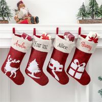 Embroidered Name Stockings Happy New Year Christmas Socks Custom Hanging Stockings for Christmas Decorations Kids Candy Gift Bag Socks Tights